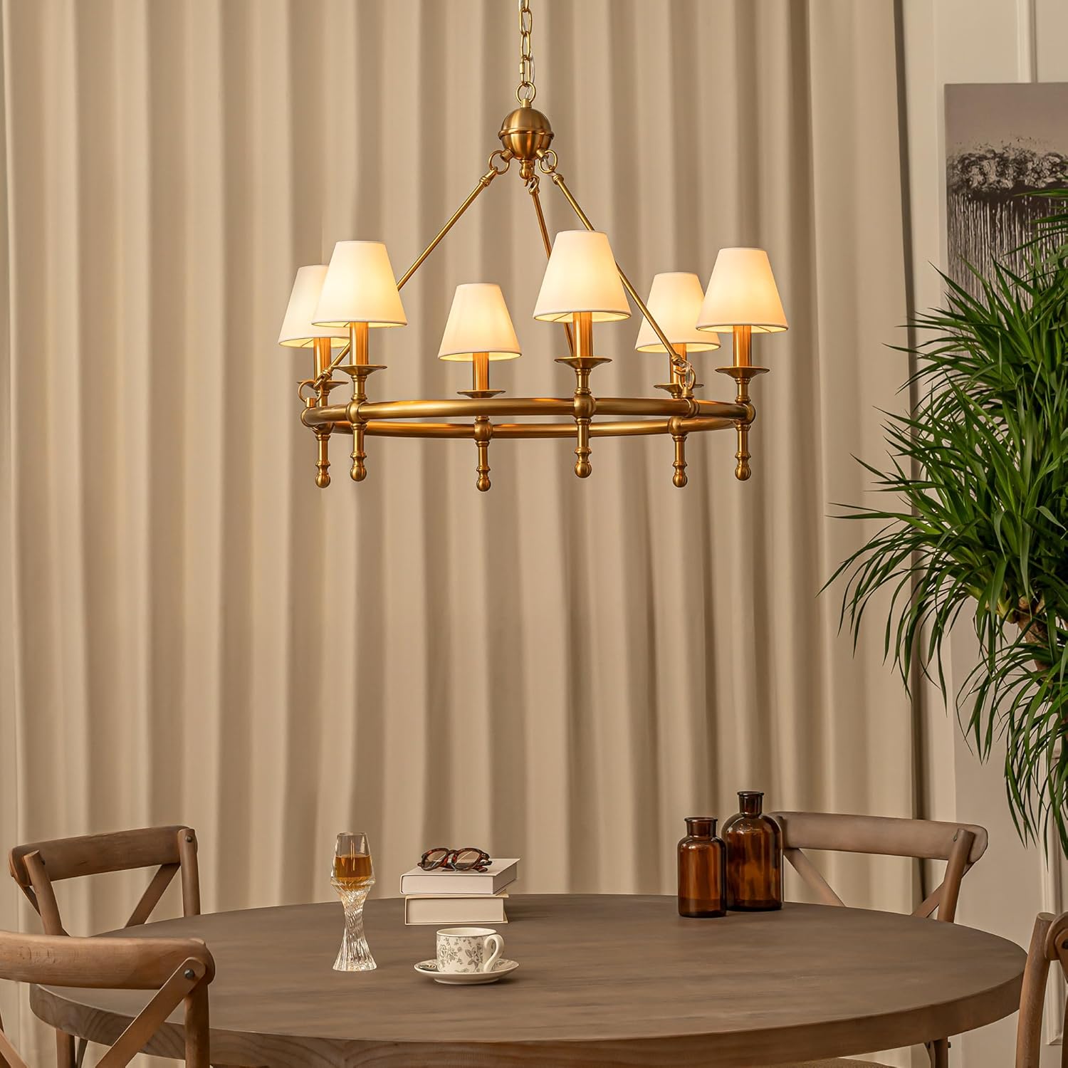 Luxury Vintage Brass 6-Light Round Chandelier Adjustable Chain Fabric Shade Pendant Light
