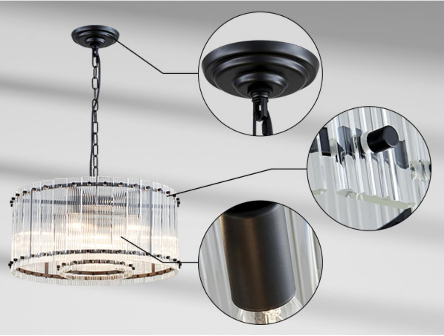 Modern 5-Light Black Crystal Drum Chandelier Adjustable Chain Round Pendant Light
