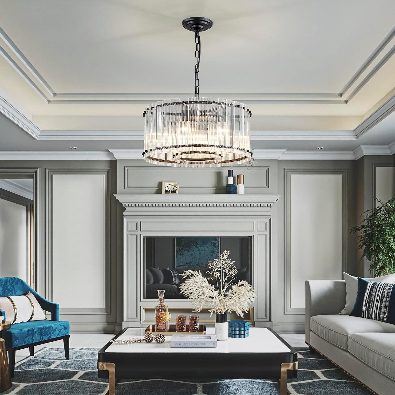 Modern 5-Light Black Crystal Drum Chandelier Adjustable Chain Round Pendant Light