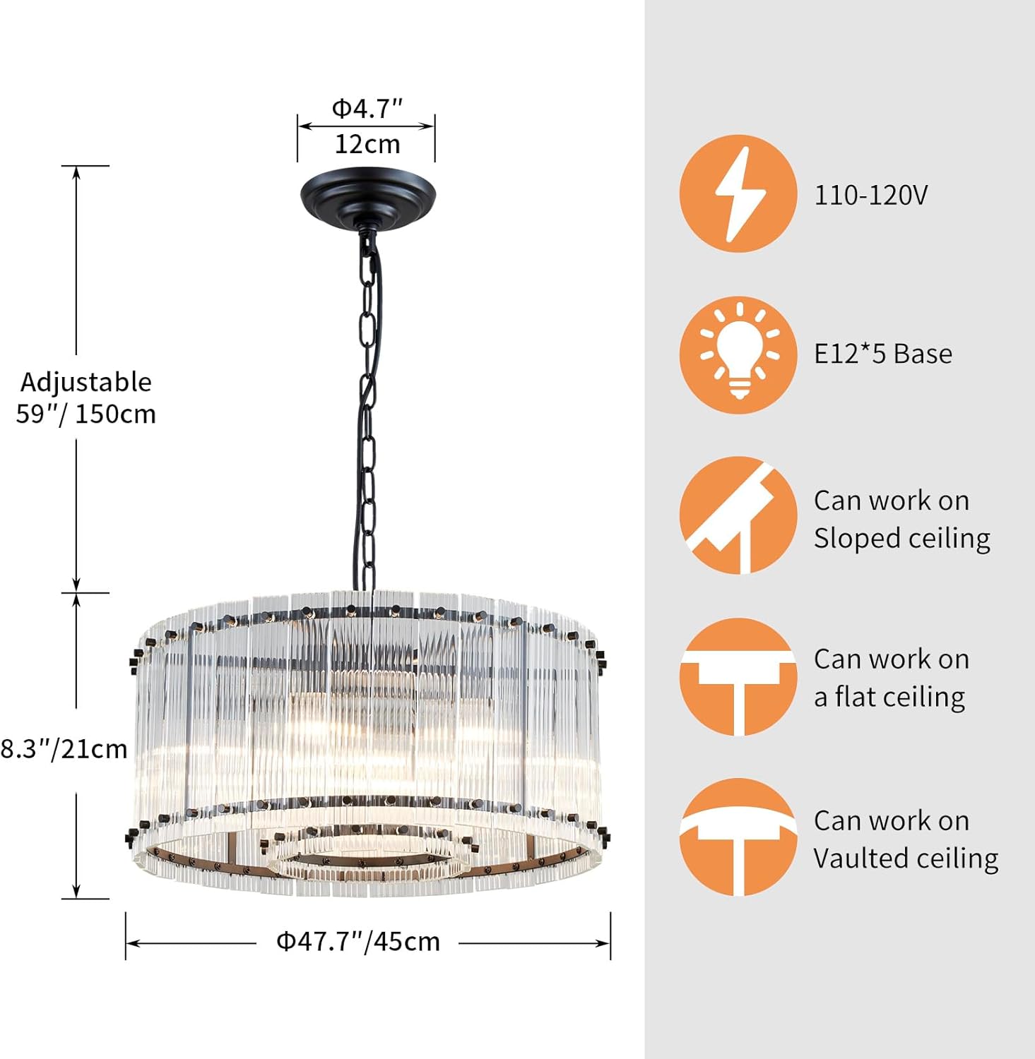 Modern 5-Light Black Crystal Drum Chandelier Adjustable Chain Round Pendant Light