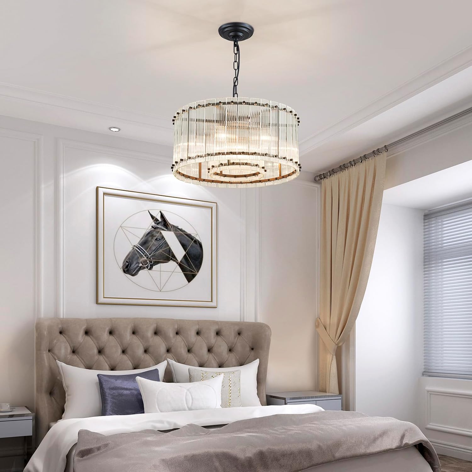 Modern 5-Light Black Crystal Drum Chandelier Adjustable Chain Round Pendant Light