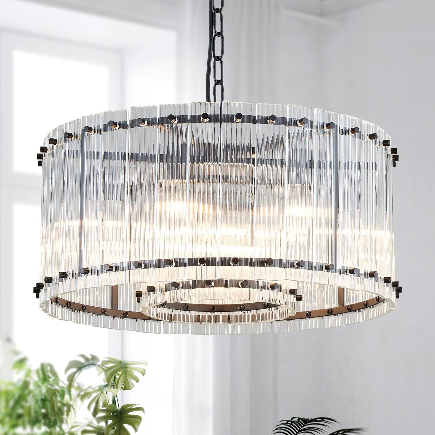 Modern 5-Light Black Crystal Drum Chandelier Adjustable Chain Round Pendant Light
