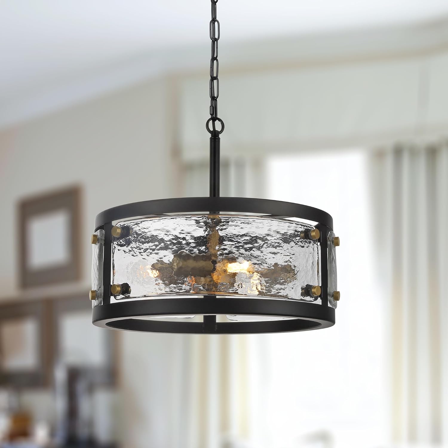 Modern Black Drum Glass Pendant Light Adjustable Chain Ceiling Chandelier