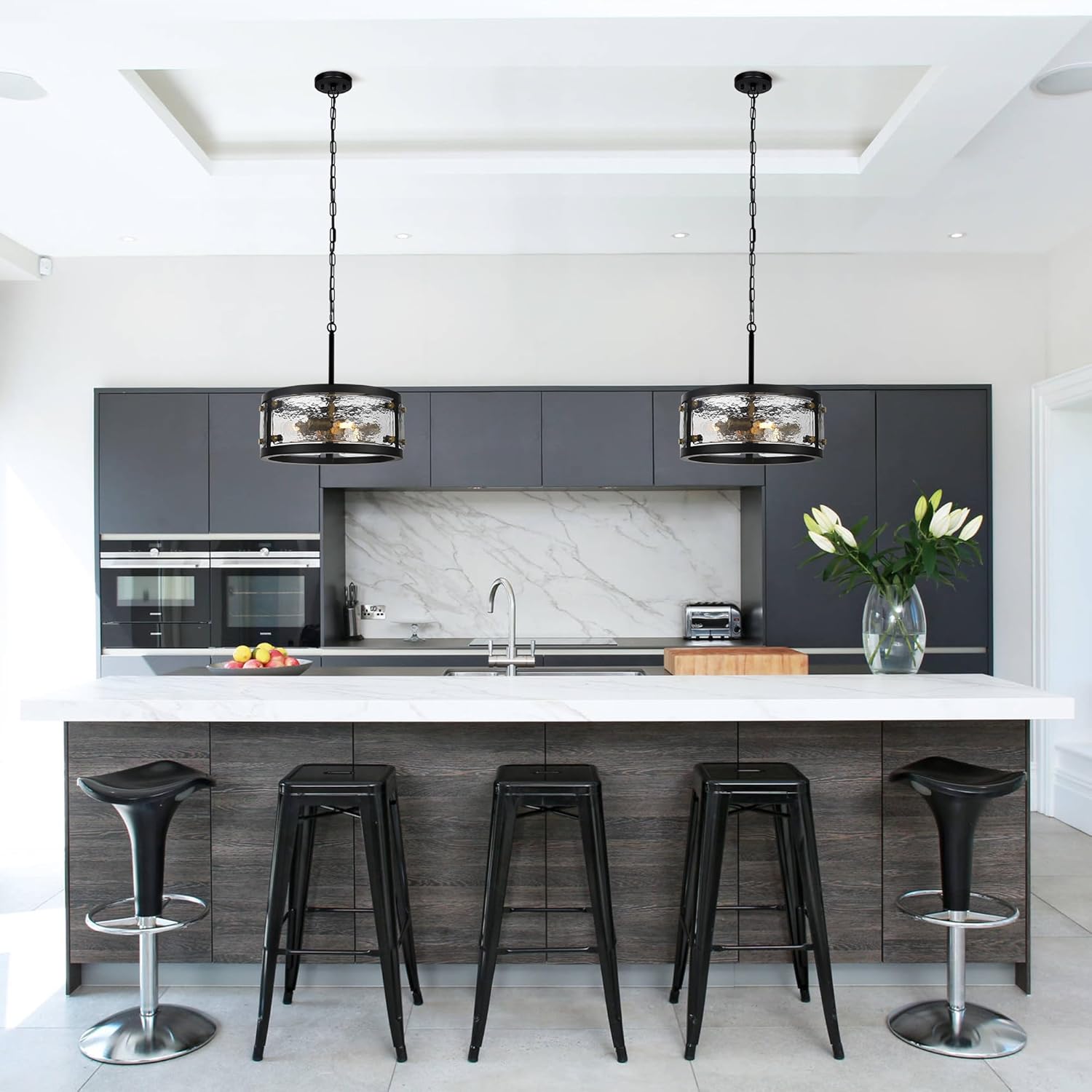Modern Black Drum Glass Pendant Light Adjustable Chain Ceiling Chandelier