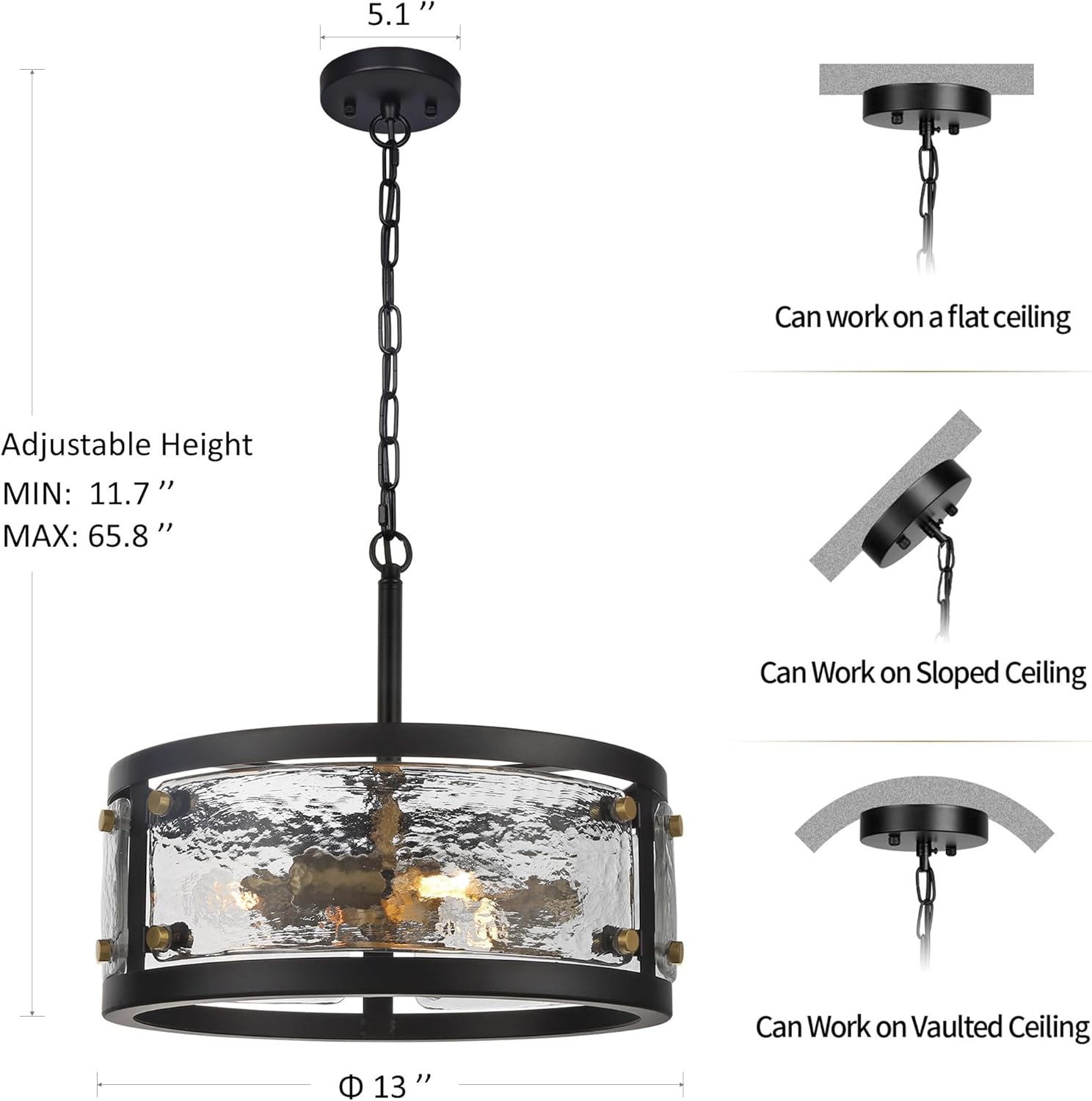 Modern Black Drum Glass Pendant Light Adjustable Chain Ceiling Chandelier