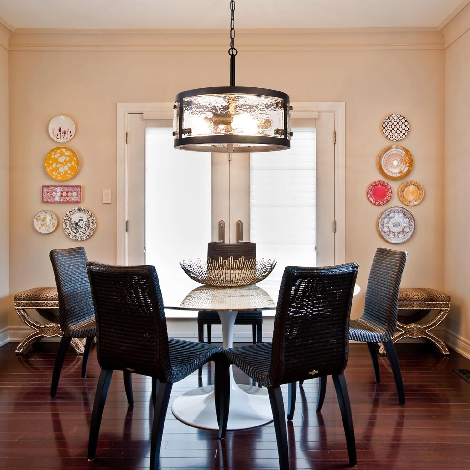Modern Black Drum Glass Pendant Light Adjustable Chain Ceiling Chandelier