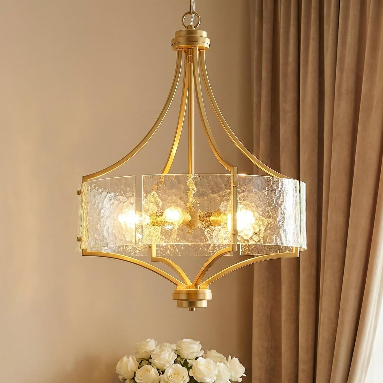 Luxury Gold 5-Light Seeded Glass Chandelier Adjustable Height Hotel Project Pendant Lighting