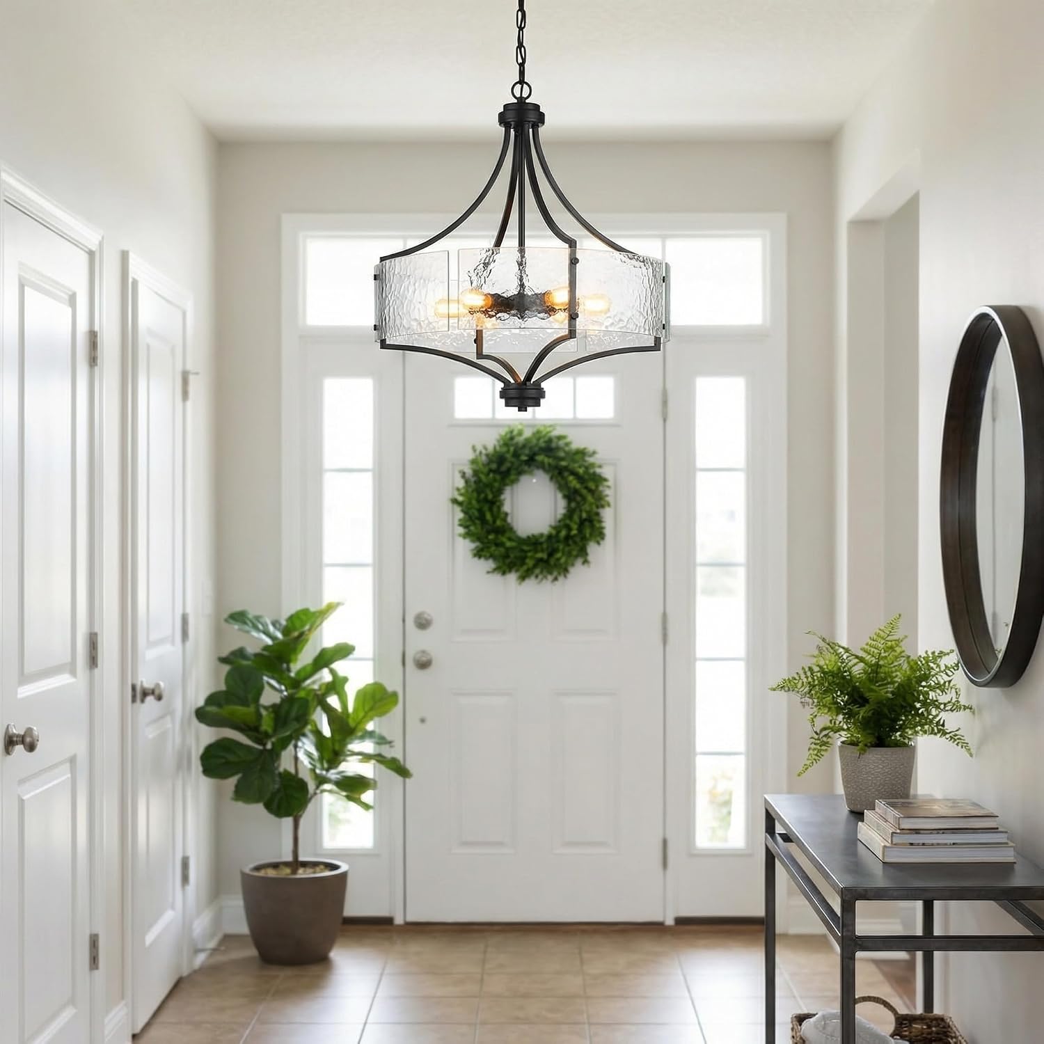 Modern Black Seeded Glass 5-Light Chandelier Adjustable Chain Pendant for Dining Room & Hotel Projects