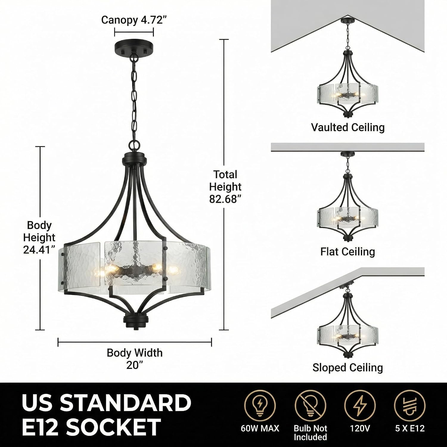 Modern Black Seeded Glass 5-Light Chandelier Adjustable Chain Pendant for Dining Room & Hotel Projects