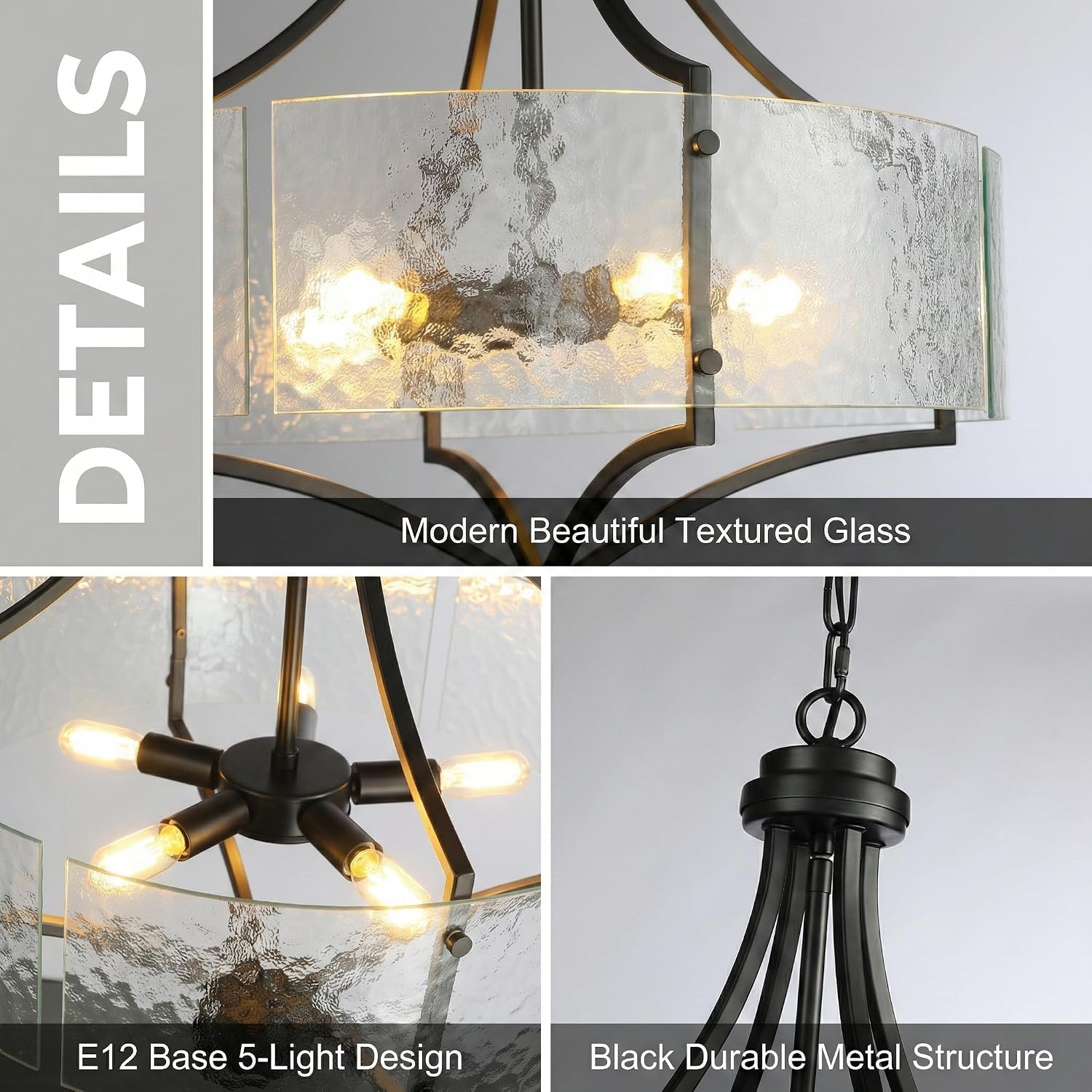 Modern Black Seeded Glass 5-Light Chandelier Adjustable Chain Pendant for Dining Room & Hotel Projects