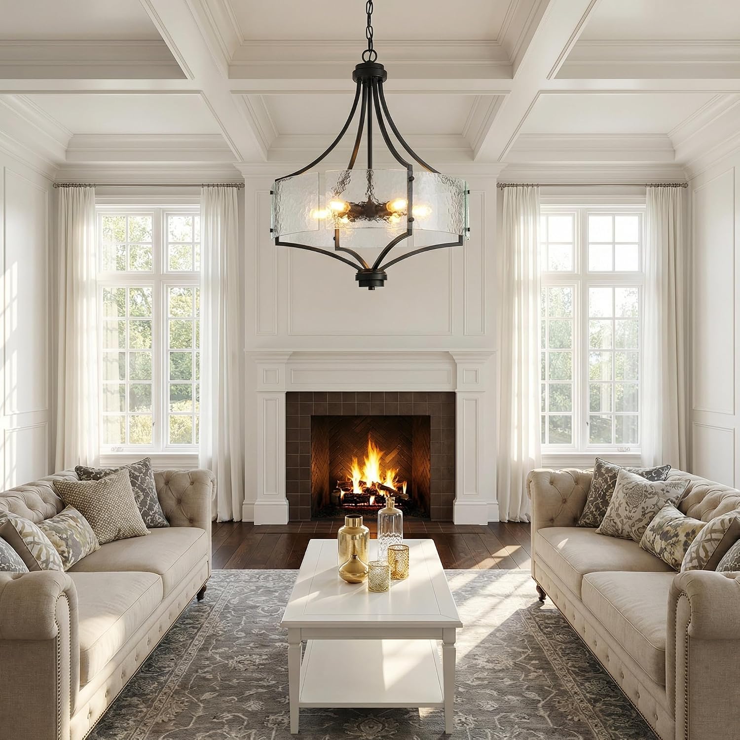 Modern Black Seeded Glass 5-Light Chandelier Adjustable Chain Pendant for Dining Room & Hotel Projects