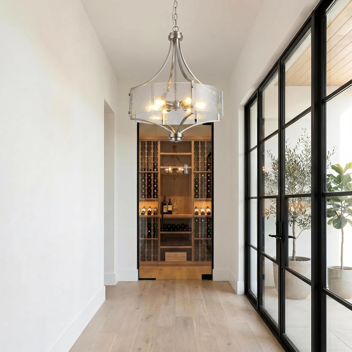 Modern Brushed Nickel 5-Light Hammered Glass Chandelier Adjustable Height Hotel Project Pendant Light
