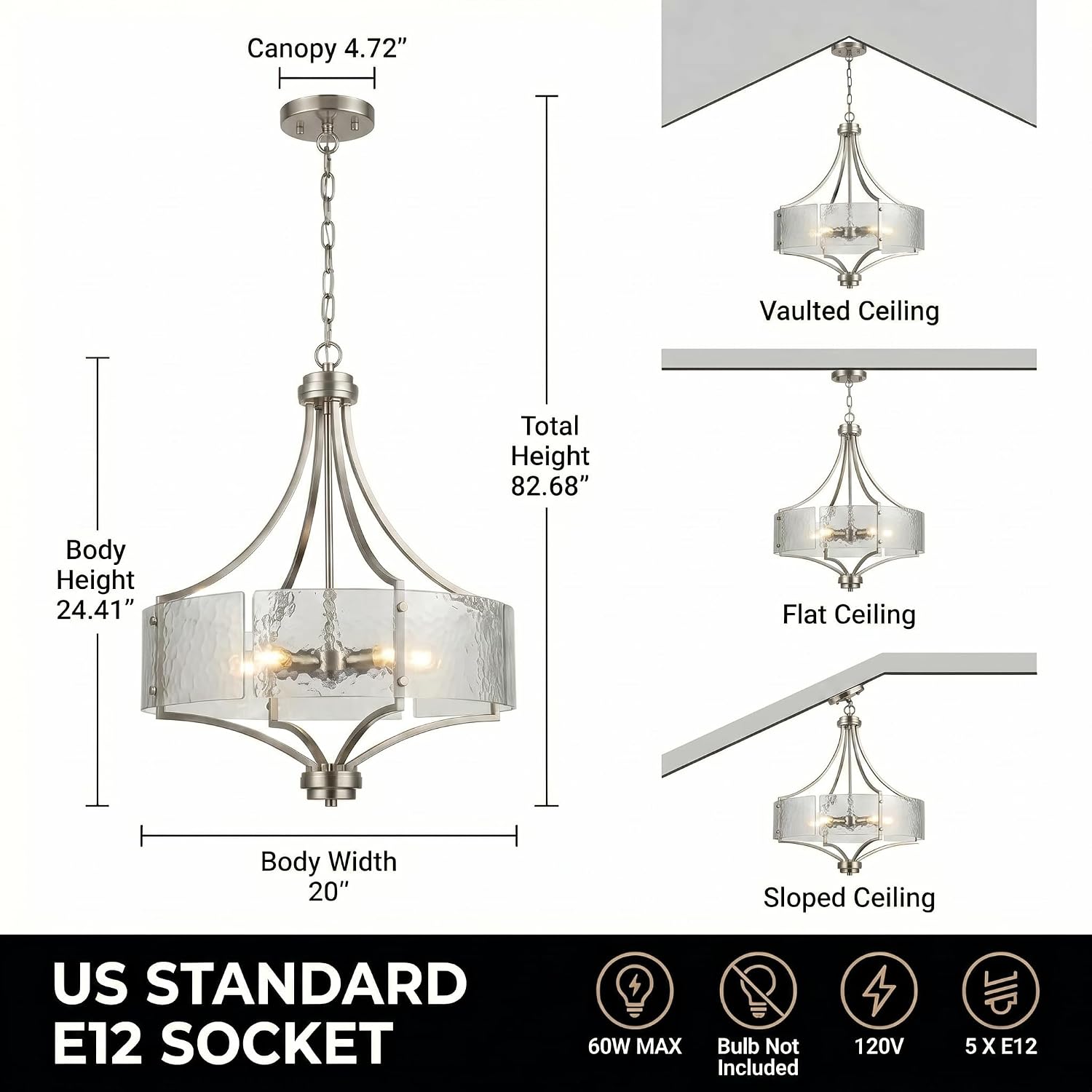 Modern Brushed Nickel 5-Light Hammered Glass Chandelier Adjustable Height Hotel Project Pendant Light