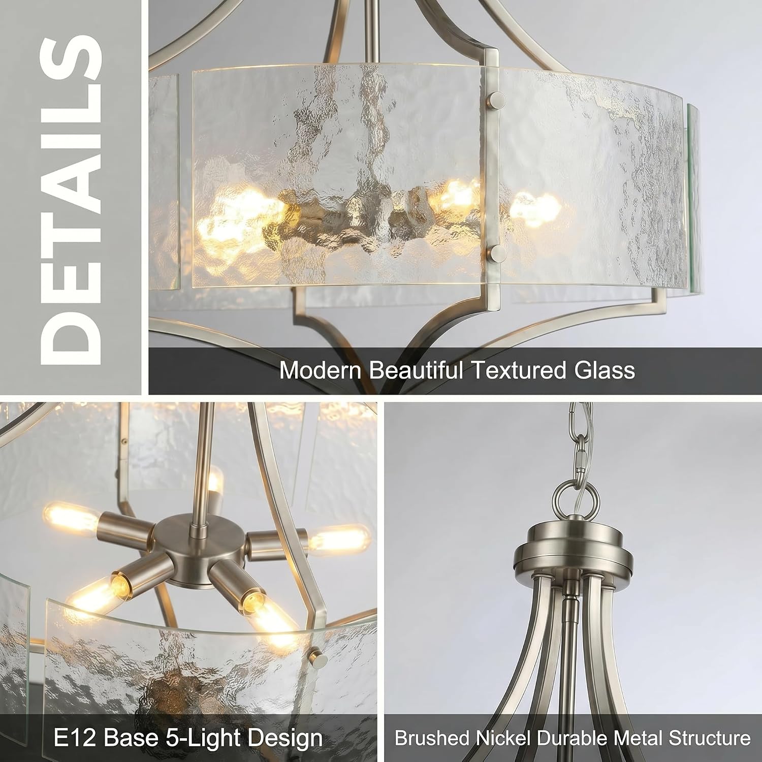 Modern Brushed Nickel 5-Light Hammered Glass Chandelier Adjustable Height Hotel Project Pendant Light