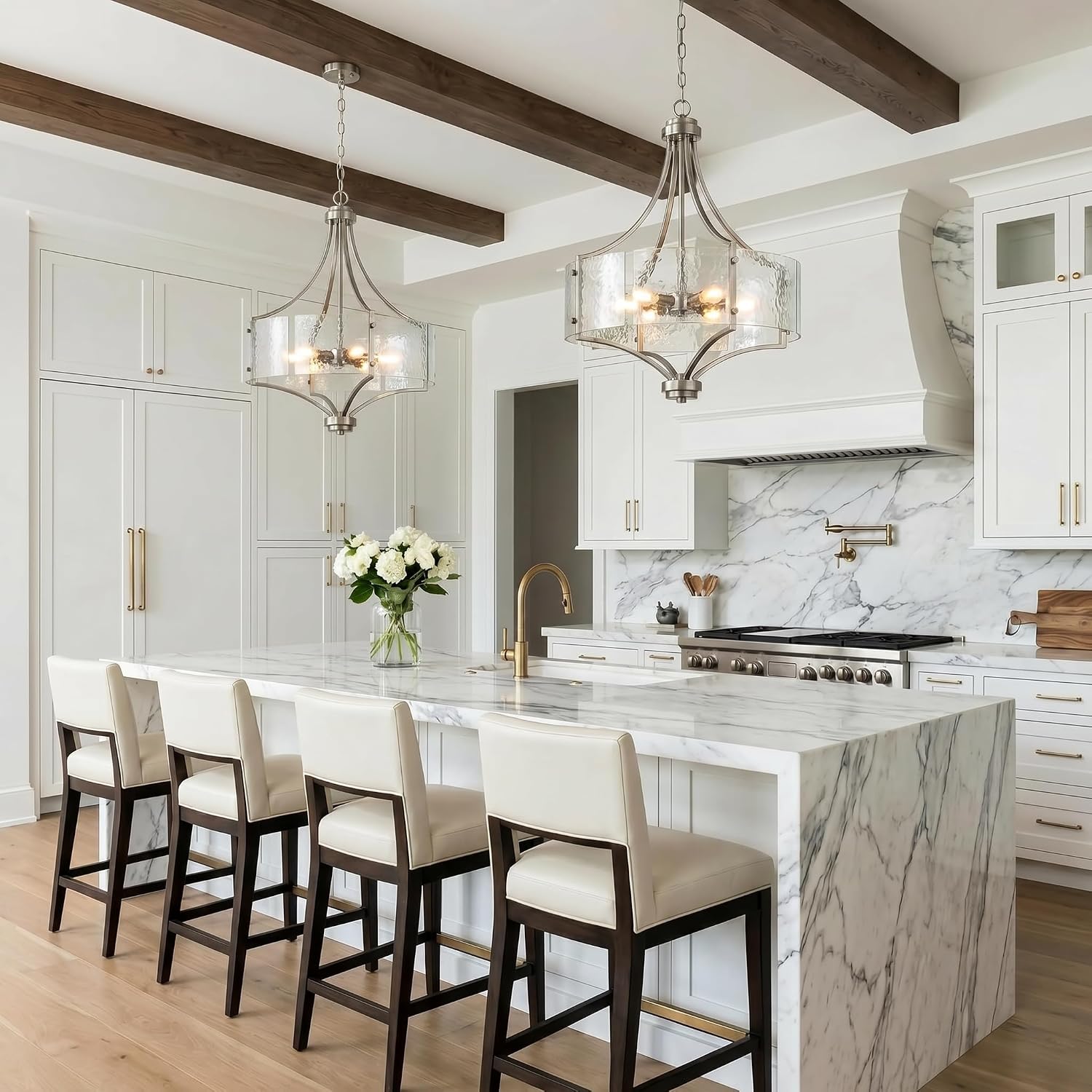 Modern Brushed Nickel 5-Light Hammered Glass Chandelier Adjustable Height Hotel Project Pendant Light