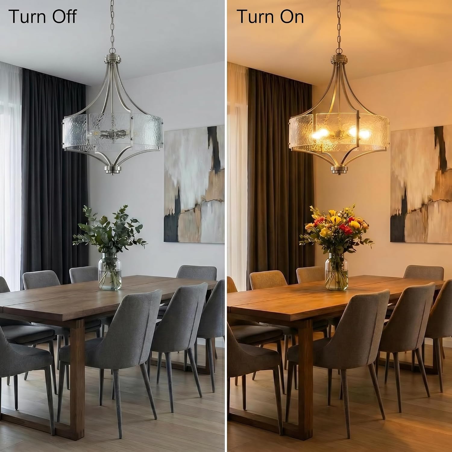 Modern Brushed Nickel 5-Light Hammered Glass Chandelier Adjustable Height Hotel Project Pendant Light