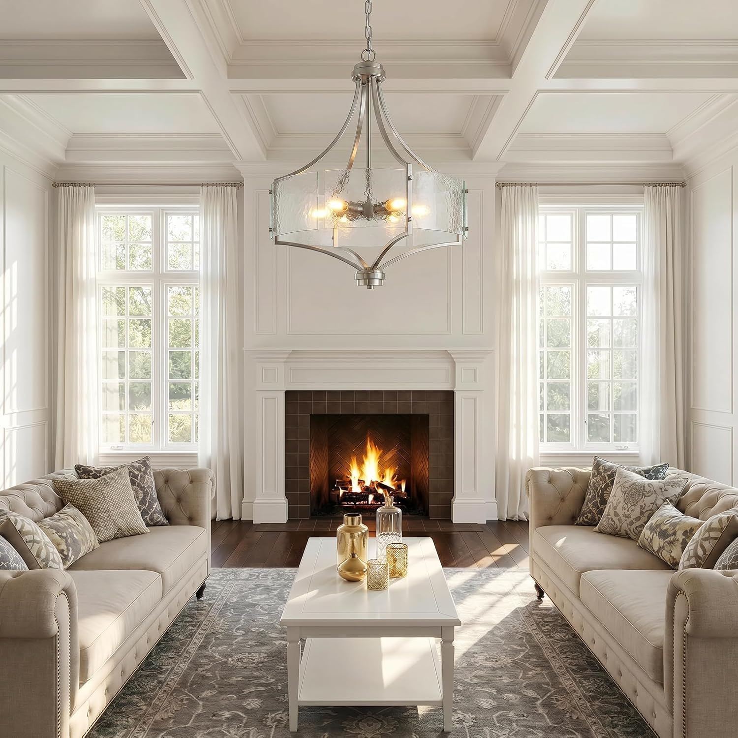 Modern Brushed Nickel 5-Light Hammered Glass Chandelier Adjustable Height Hotel Project Pendant Light