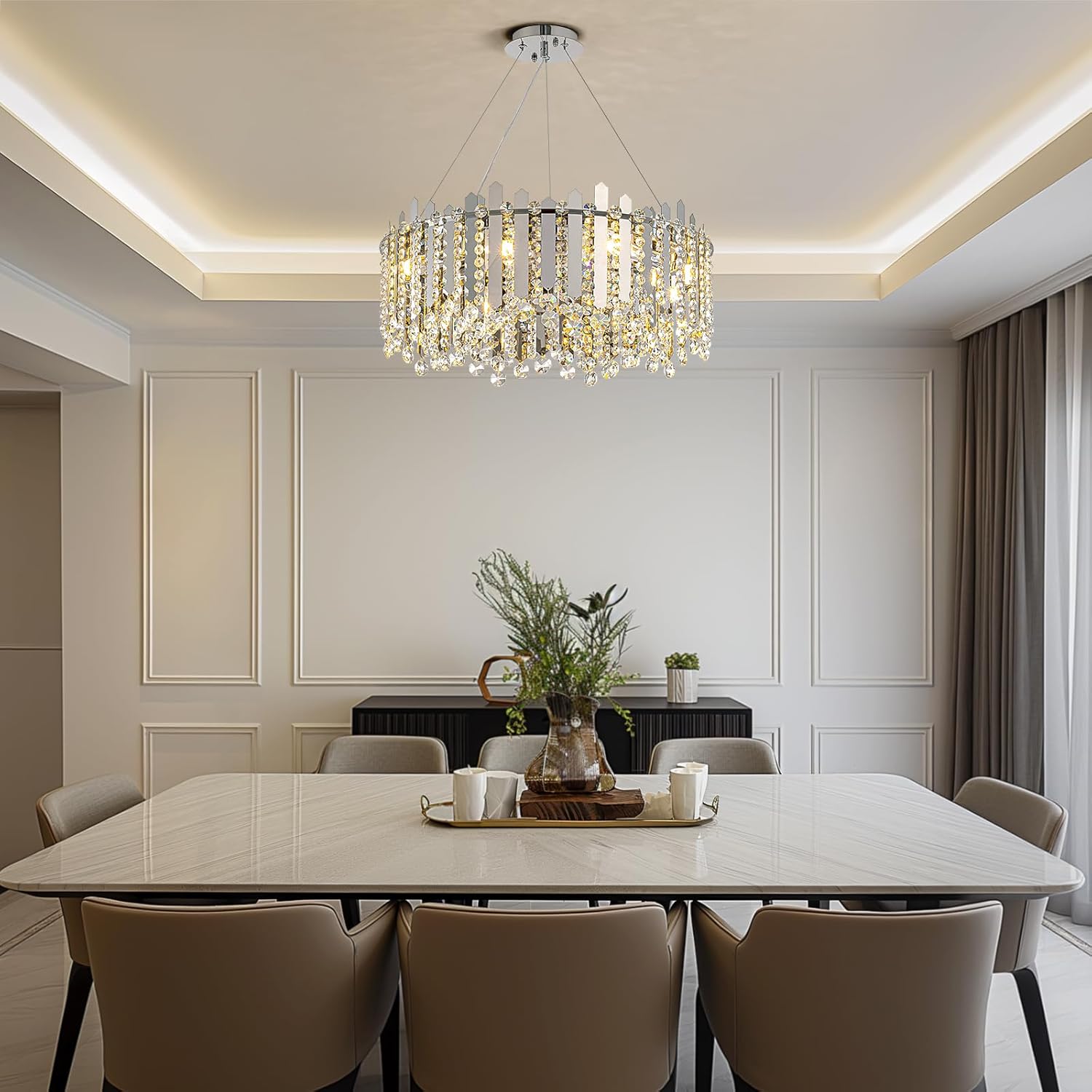 Modern Round Crystal Chandelier - Adjustable Chrome Pendant with E12 Base, 3 Light Modes