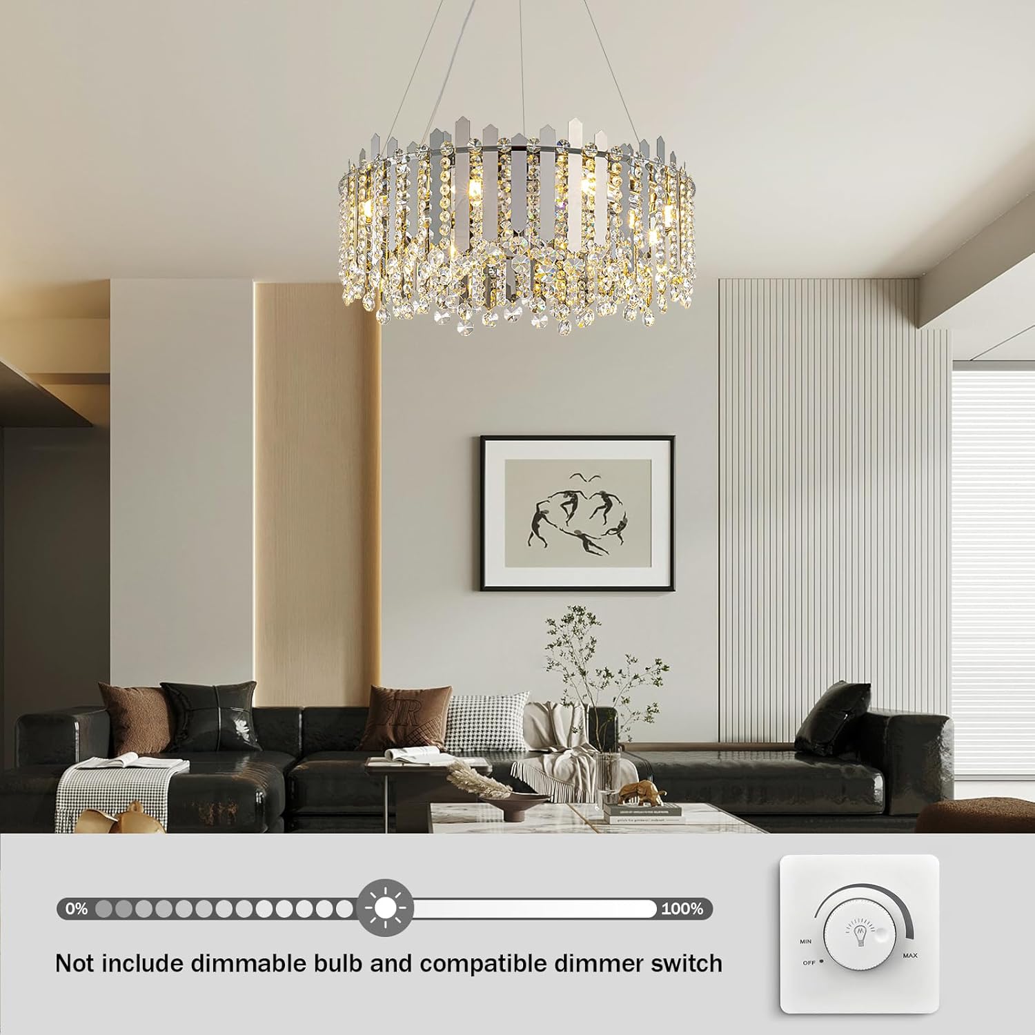 Modern Round Crystal Chandelier - Adjustable Chrome Pendant with E12 Base, 3 Light Modes