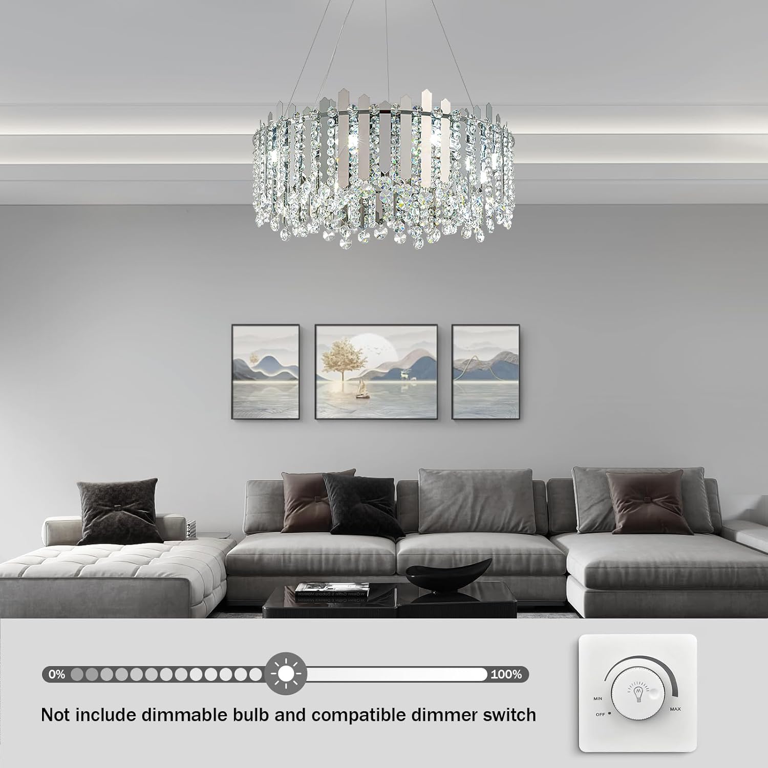 Modern Round Crystal Chandelier - Adjustable Chrome Pendant with E12 Base, 3 Light Modes