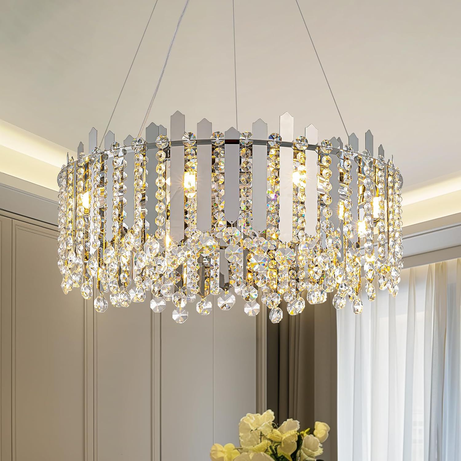 Modern Round Crystal Chandelier - Adjustable Chrome Pendant with E12 Base, 3 Light Modes