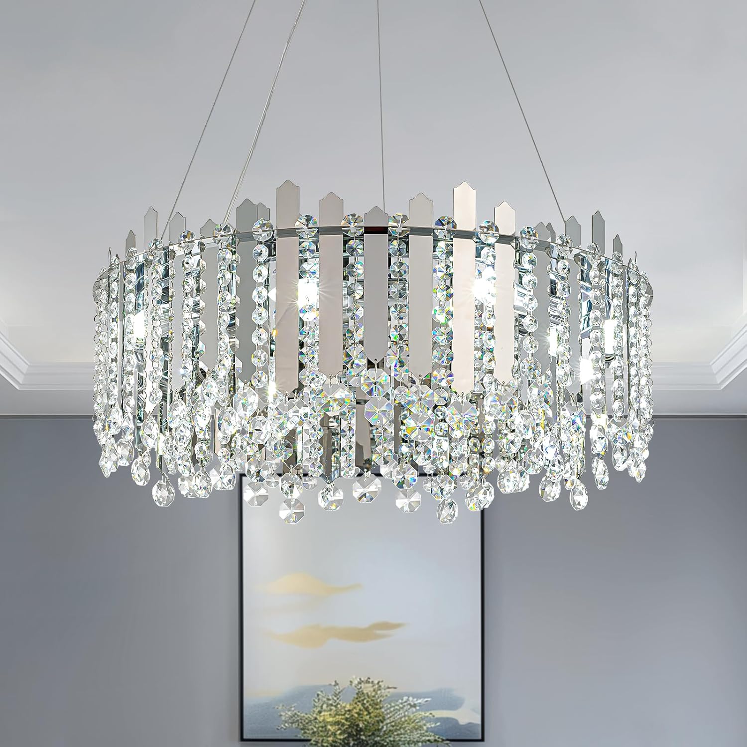 Modern Round Crystal Chandelier - Adjustable Chrome Pendant with E12 Base, 3 Light Modes