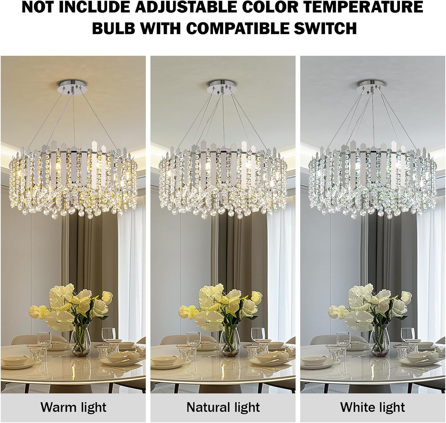 Modern Round Crystal Chandelier - Adjustable Chrome Pendant with E12 Base, 3 Light Modes