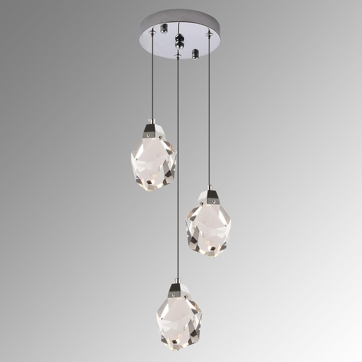 Modern 3-Light Chrome K9 Crystal Diamond Pendant Chandelier Adjustable Dimmable LED