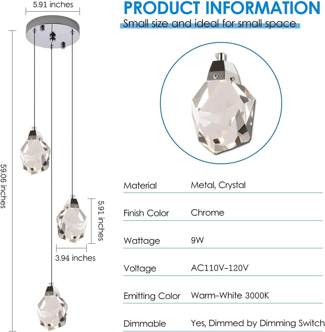 Modern 3-Light Chrome K9 Crystal Diamond Pendant Chandelier Adjustable Dimmable LED