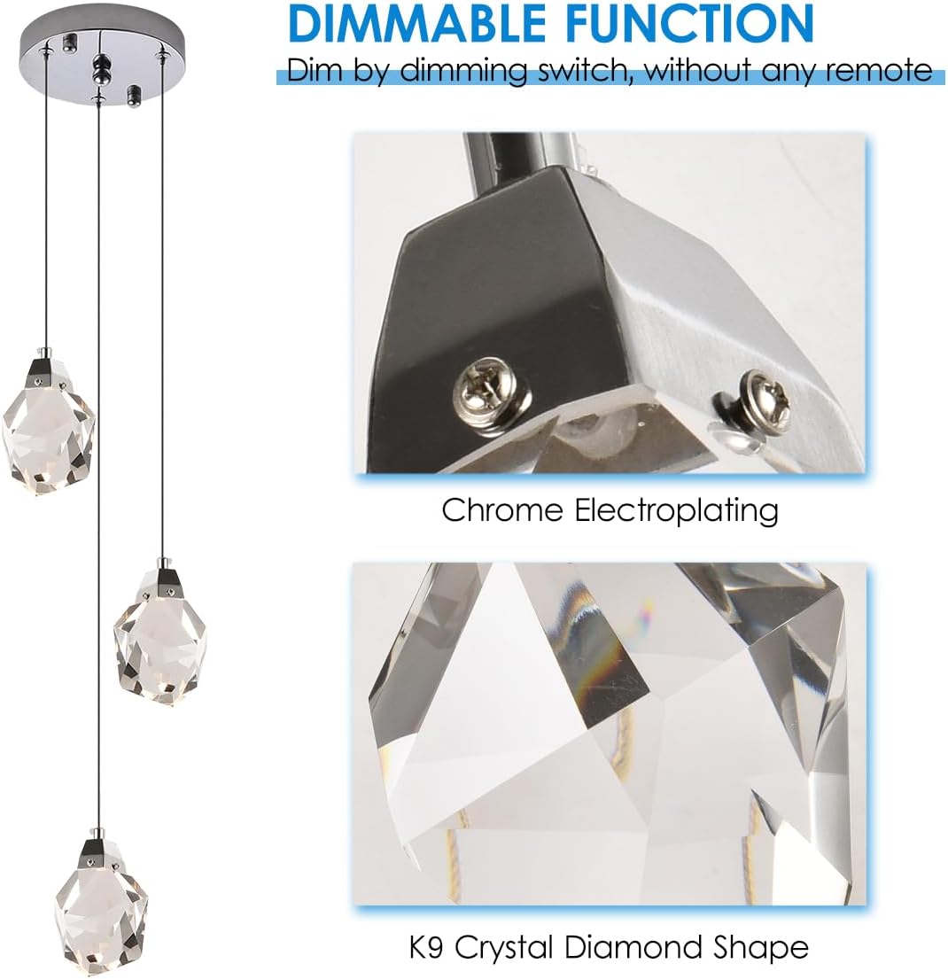 Modern 3-Light Chrome K9 Crystal Diamond Pendant Chandelier Adjustable Dimmable LED