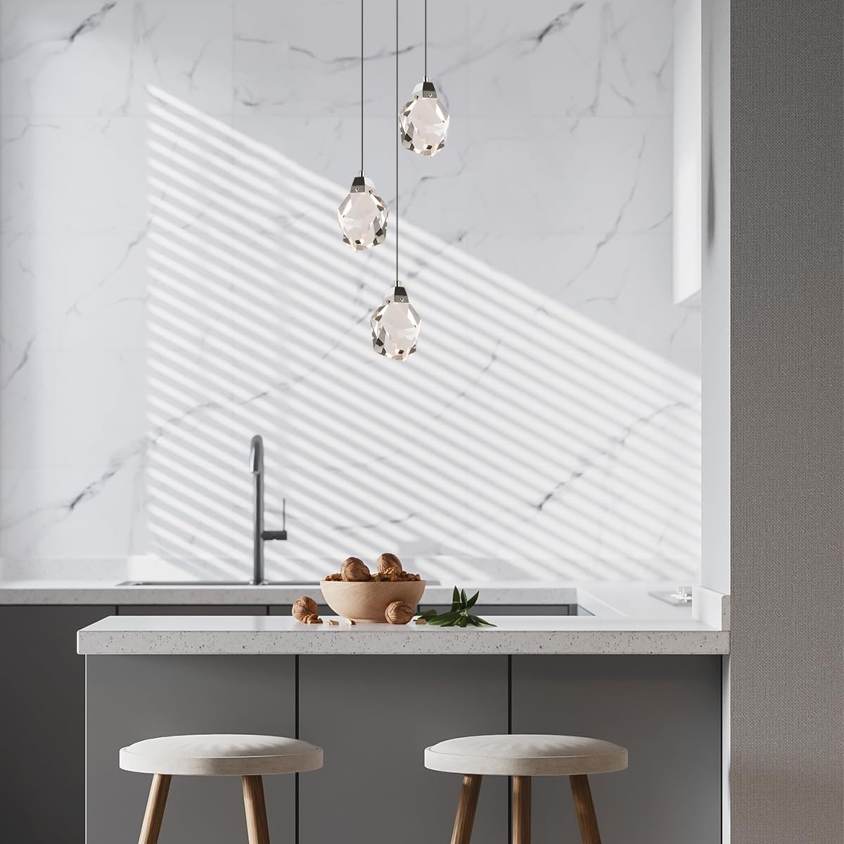 Modern 3-Light Chrome K9 Crystal Diamond Pendant Chandelier Adjustable Dimmable LED