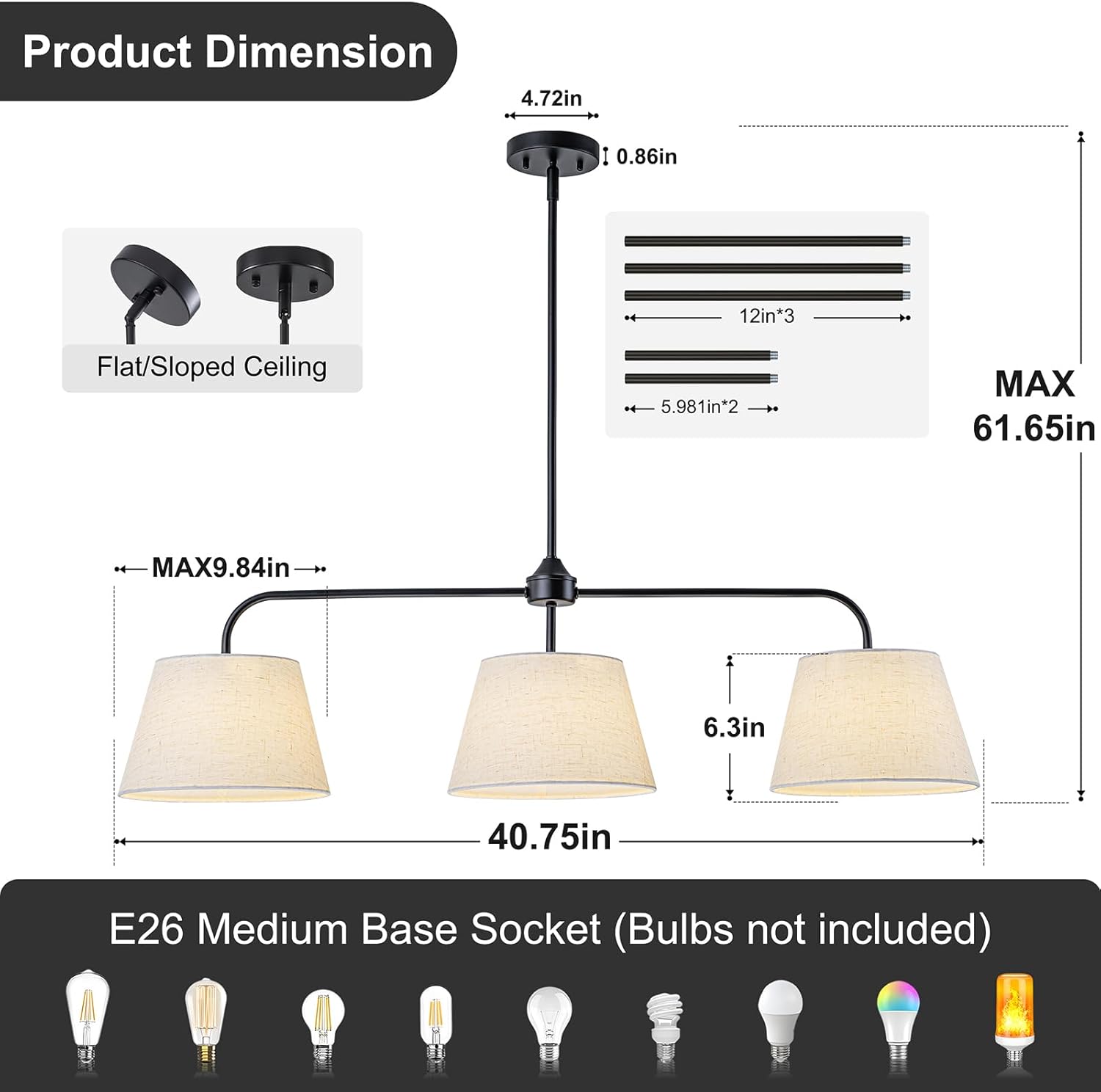 Modern 3-Light Black Linear Pendant Chandelier with White Linen Shades Adjustable Kitchen Island Hanging Light