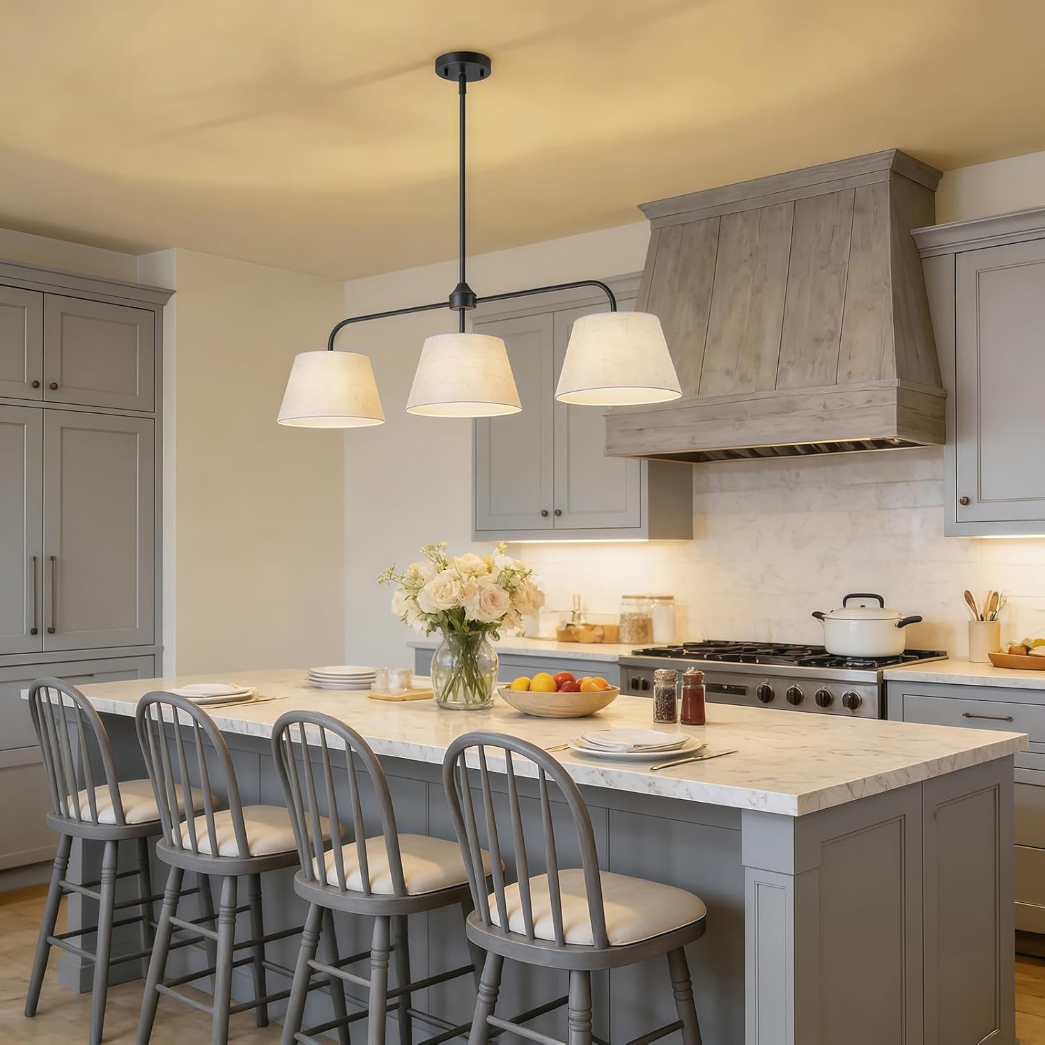 Modern 3-Light Black Linear Pendant Chandelier with White Linen Shades Adjustable Kitchen Island Hanging Light