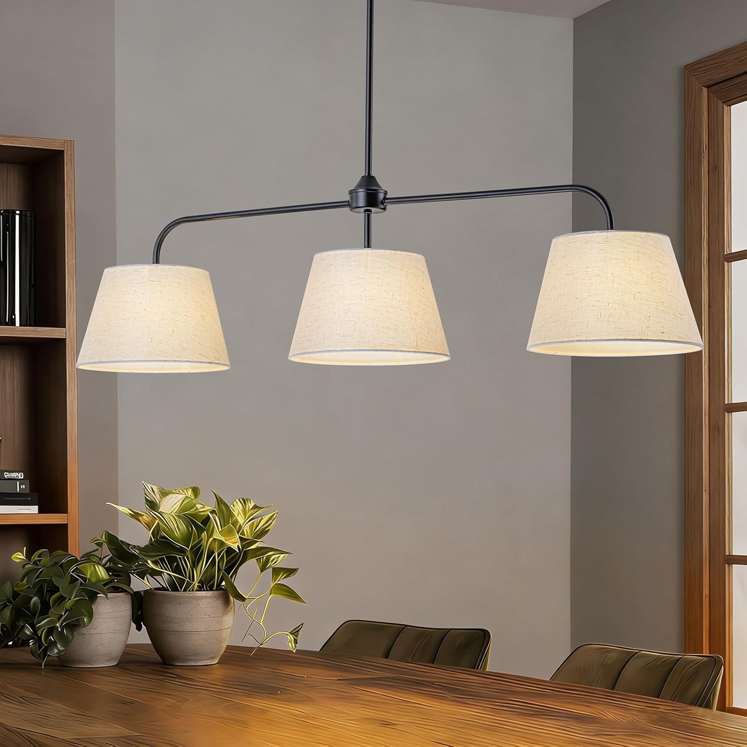 Modern 3-Light Black Linear Pendant Chandelier with White Linen Shades Adjustable Kitchen Island Hanging Light