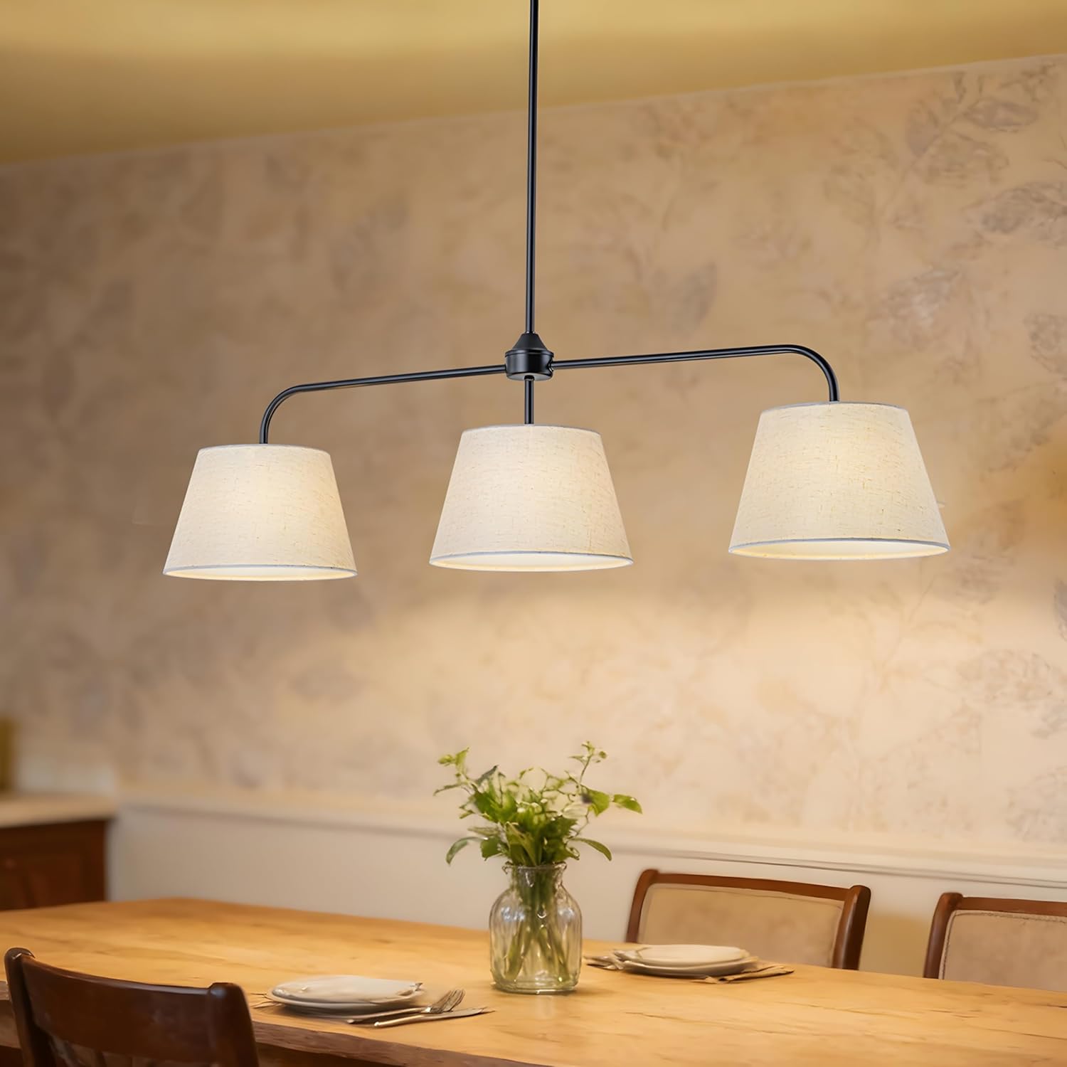 Modern 3-Light Black Linear Pendant Chandelier with White Linen Shades Adjustable Kitchen Island Hanging Light