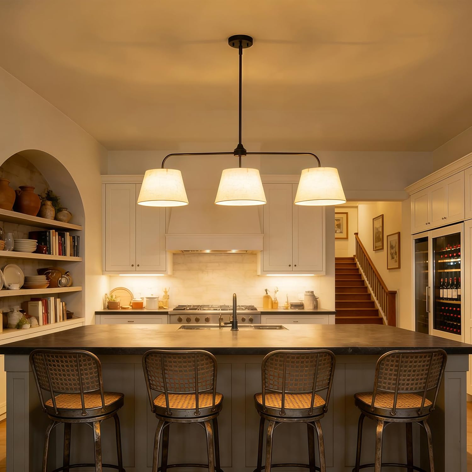 Modern 3-Light Black Linear Pendant Chandelier with White Linen Shades Adjustable Kitchen Island Hanging Light