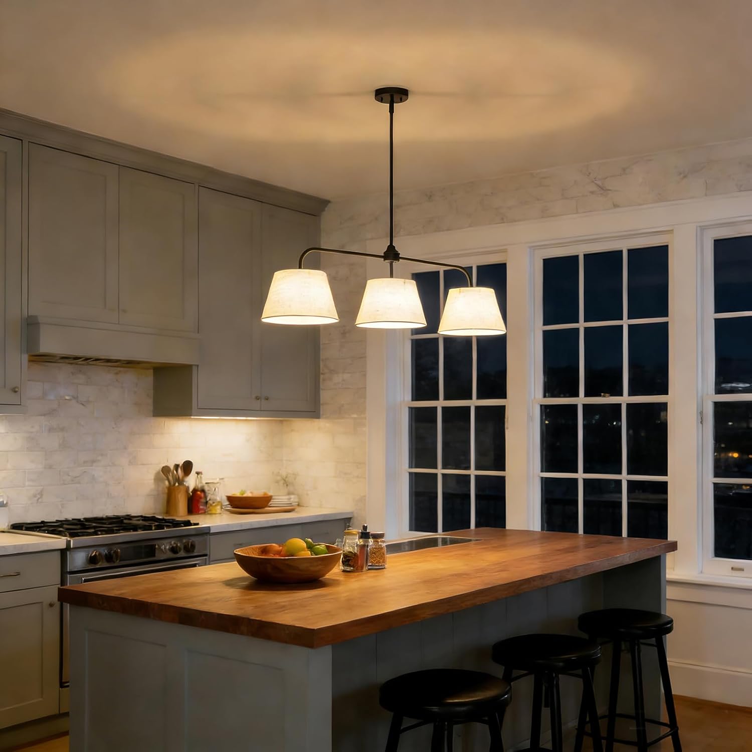 Modern 3-Light Black Linear Pendant Chandelier with White Linen Shades Adjustable Kitchen Island Hanging Light