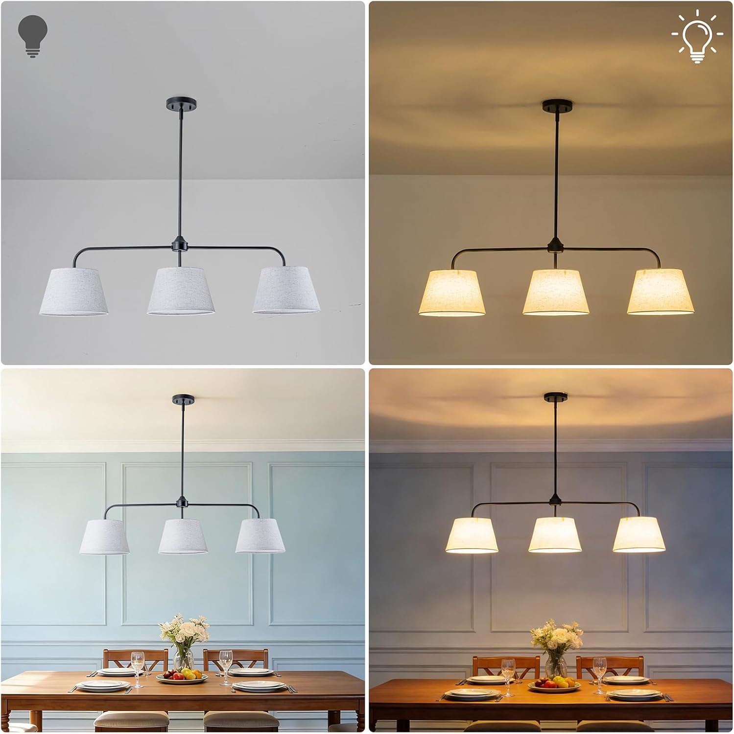 Modern 3-Light Black Linear Pendant Chandelier with White Linen Shades Adjustable Kitchen Island Hanging Light