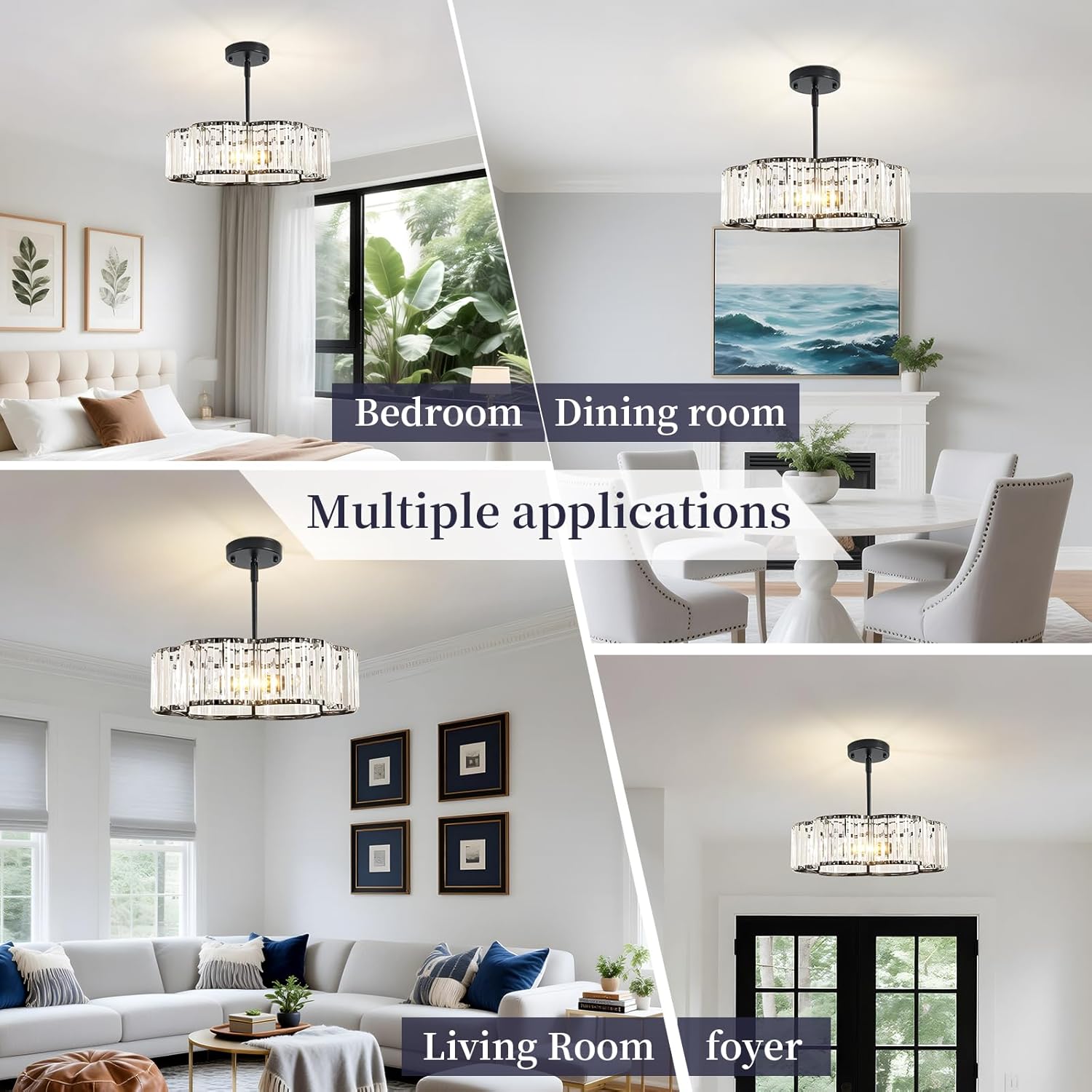 Modern Black Crystal Drum Chandelier 3-Light E12 Adjustable Pendant Ceiling Light for Dining Room Bedroom Entryway