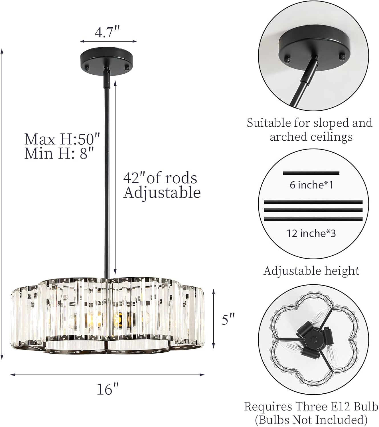 Modern Black Crystal Drum Chandelier 3-Light E12 Adjustable Pendant Ceiling Light for Dining Room Bedroom Entryway