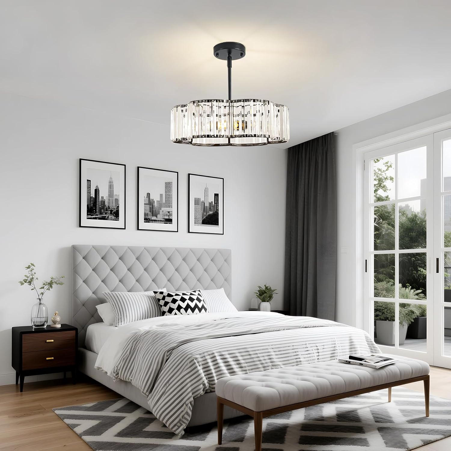 Modern Black Crystal Drum Chandelier 3-Light E12 Adjustable Pendant Ceiling Light for Dining Room Bedroom Entryway