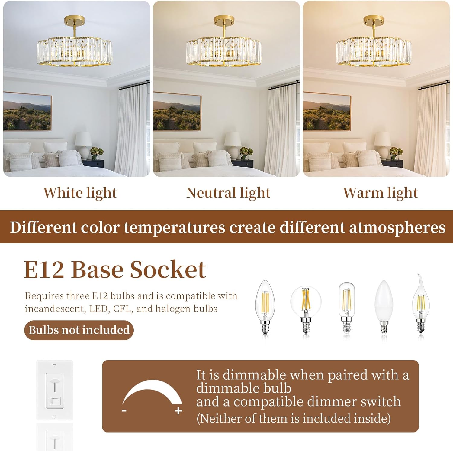 Modern Gold Crystal Drum Chandelier 3-Light E12 Adjustable Pendant Ceiling Light for Bedroom Dining Room