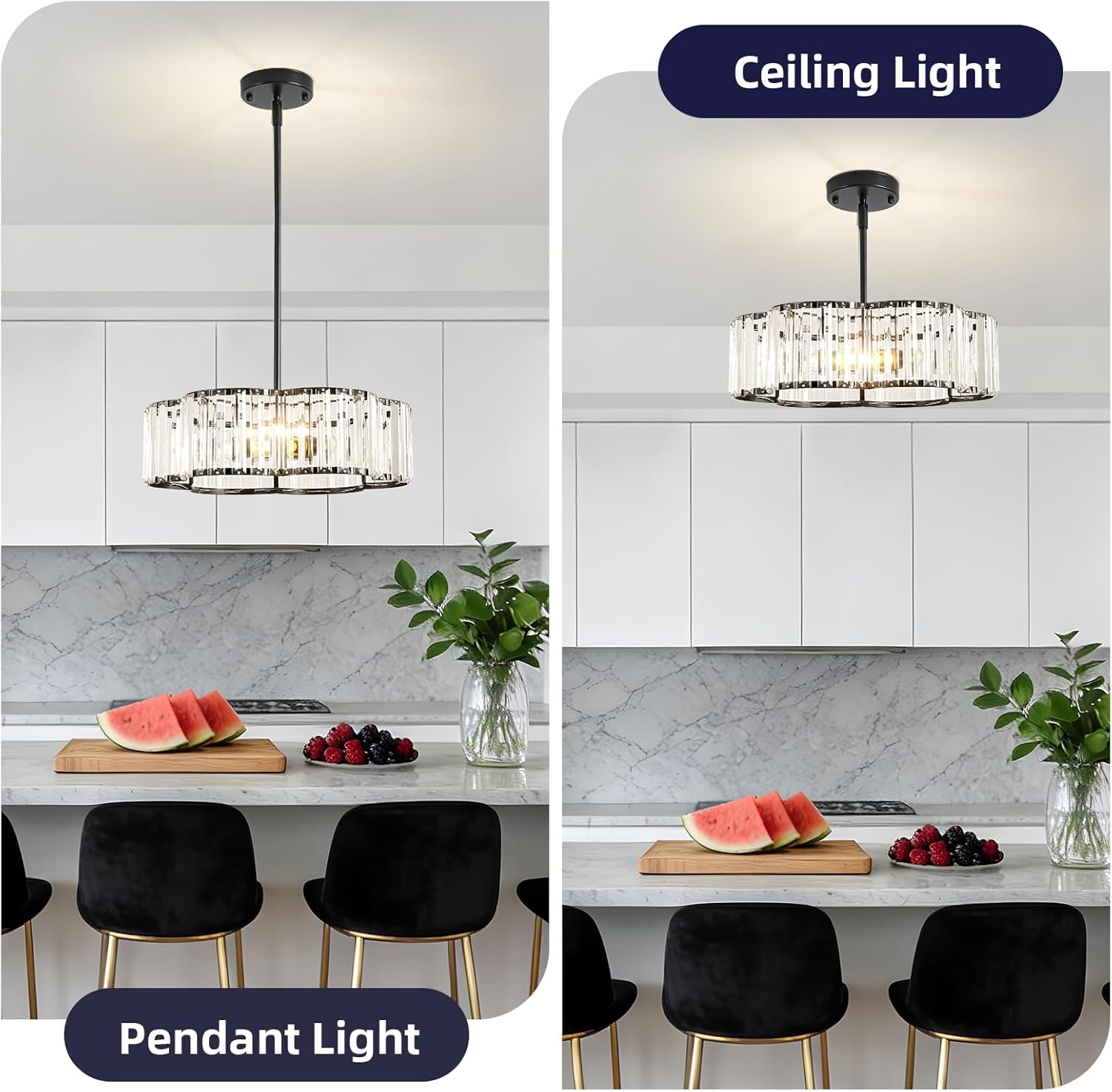 Modern Black Crystal Drum Chandelier 3-Light E12 Adjustable Pendant Ceiling Light for Dining Room Bedroom Entryway