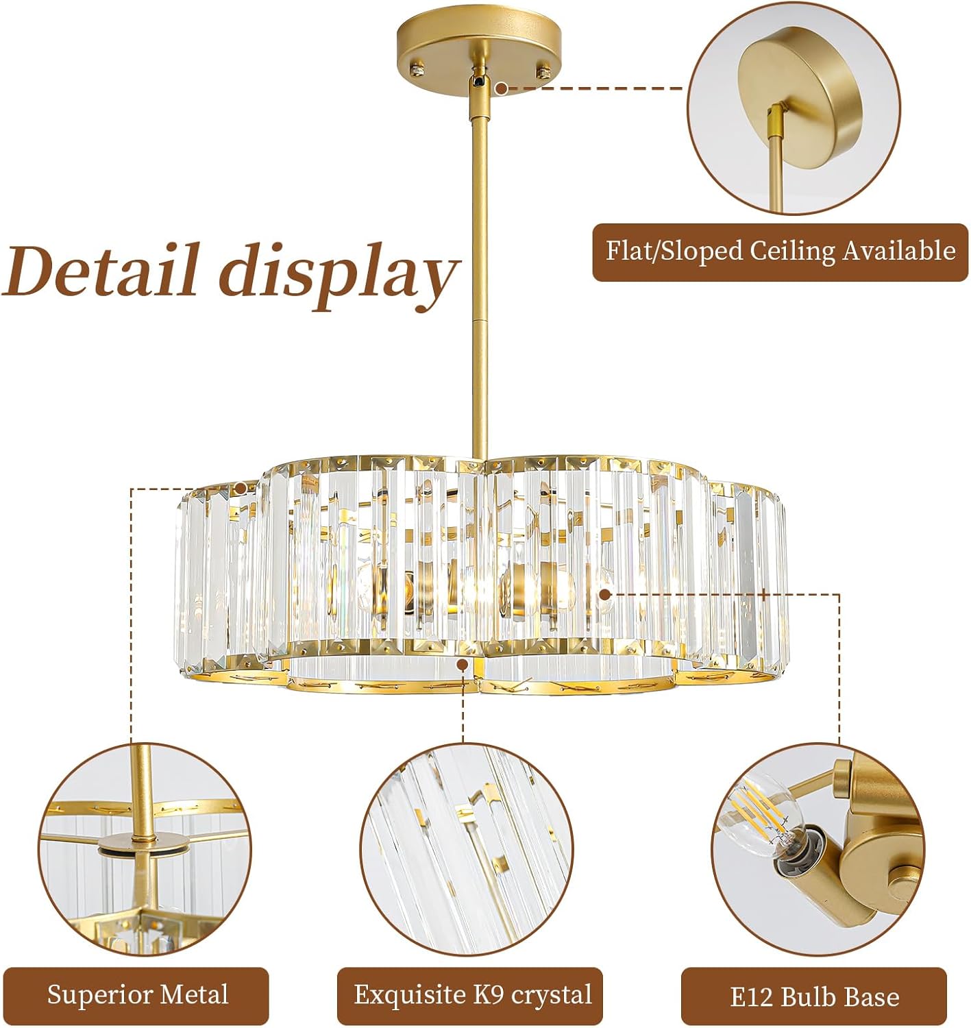 Modern Gold Crystal Drum Chandelier 3-Light E12 Adjustable Pendant Ceiling Light for Bedroom Dining Room