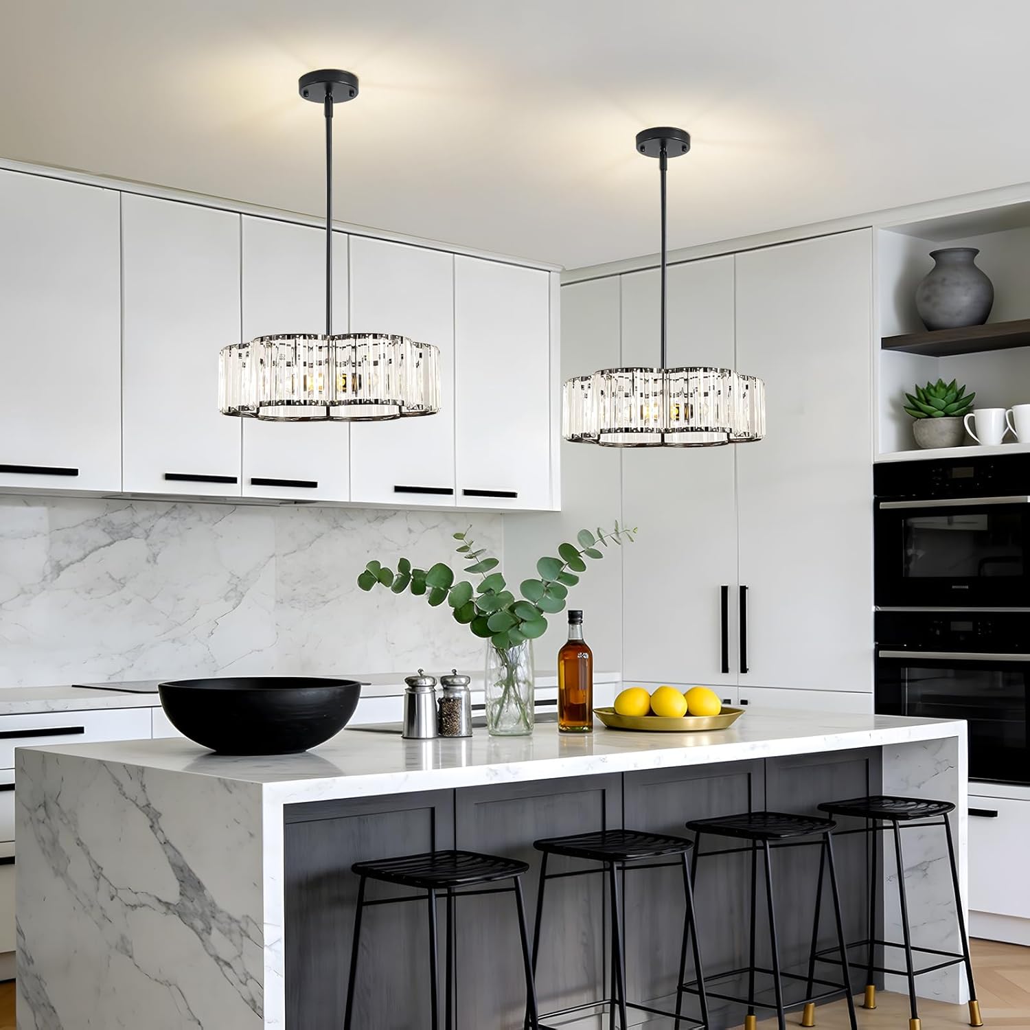 Modern Black Crystal Drum Chandelier 3-Light E12 Adjustable Pendant Ceiling Light for Dining Room Bedroom Entryway