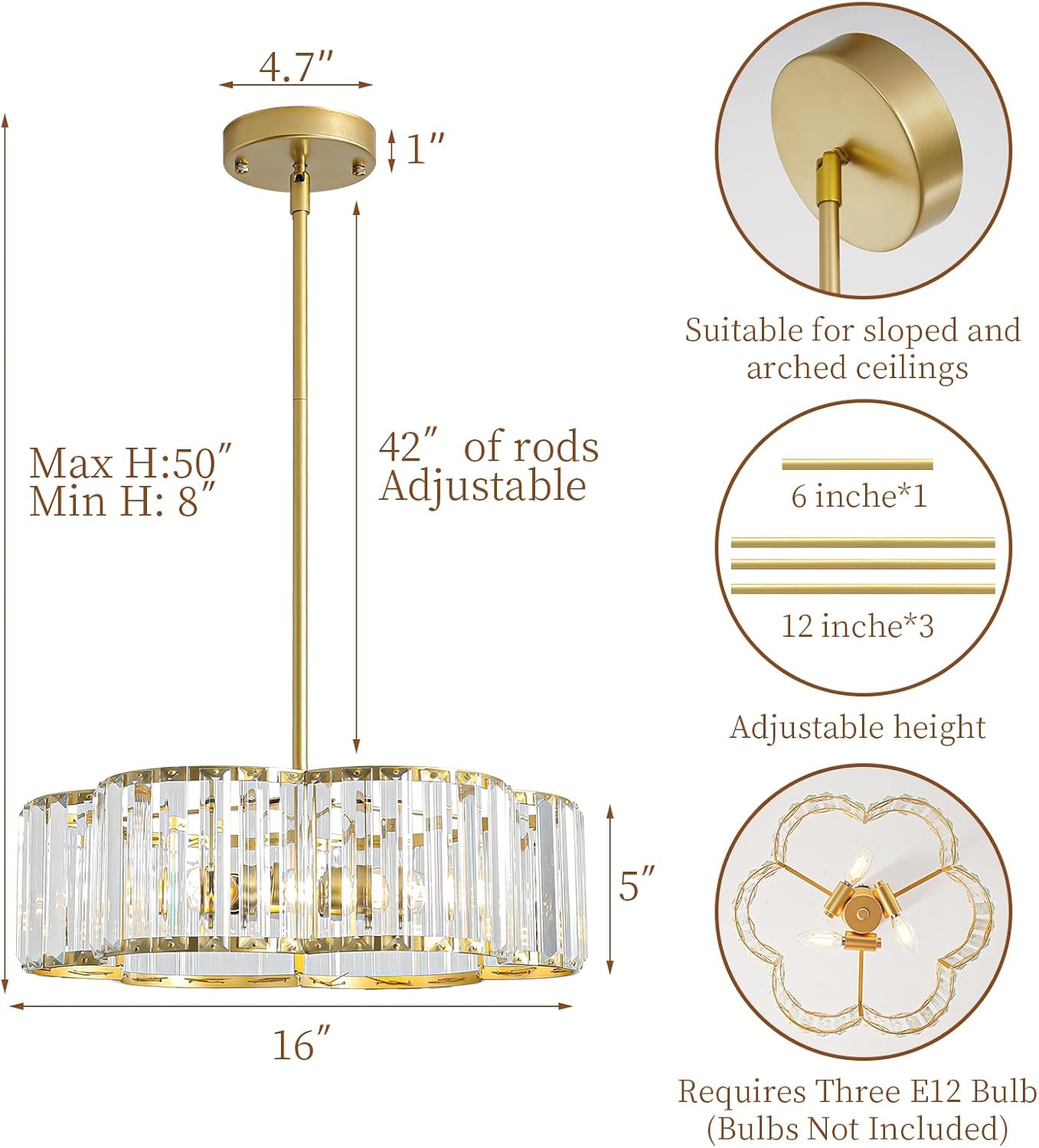 Modern Gold Crystal Drum Chandelier 3-Light E12 Adjustable Pendant Ceiling Light for Bedroom Dining Room