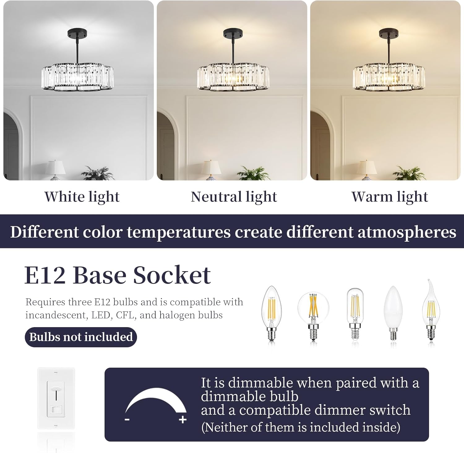 Modern Black Crystal Drum Chandelier 3-Light E12 Adjustable Pendant Ceiling Light for Dining Room Bedroom Entryway