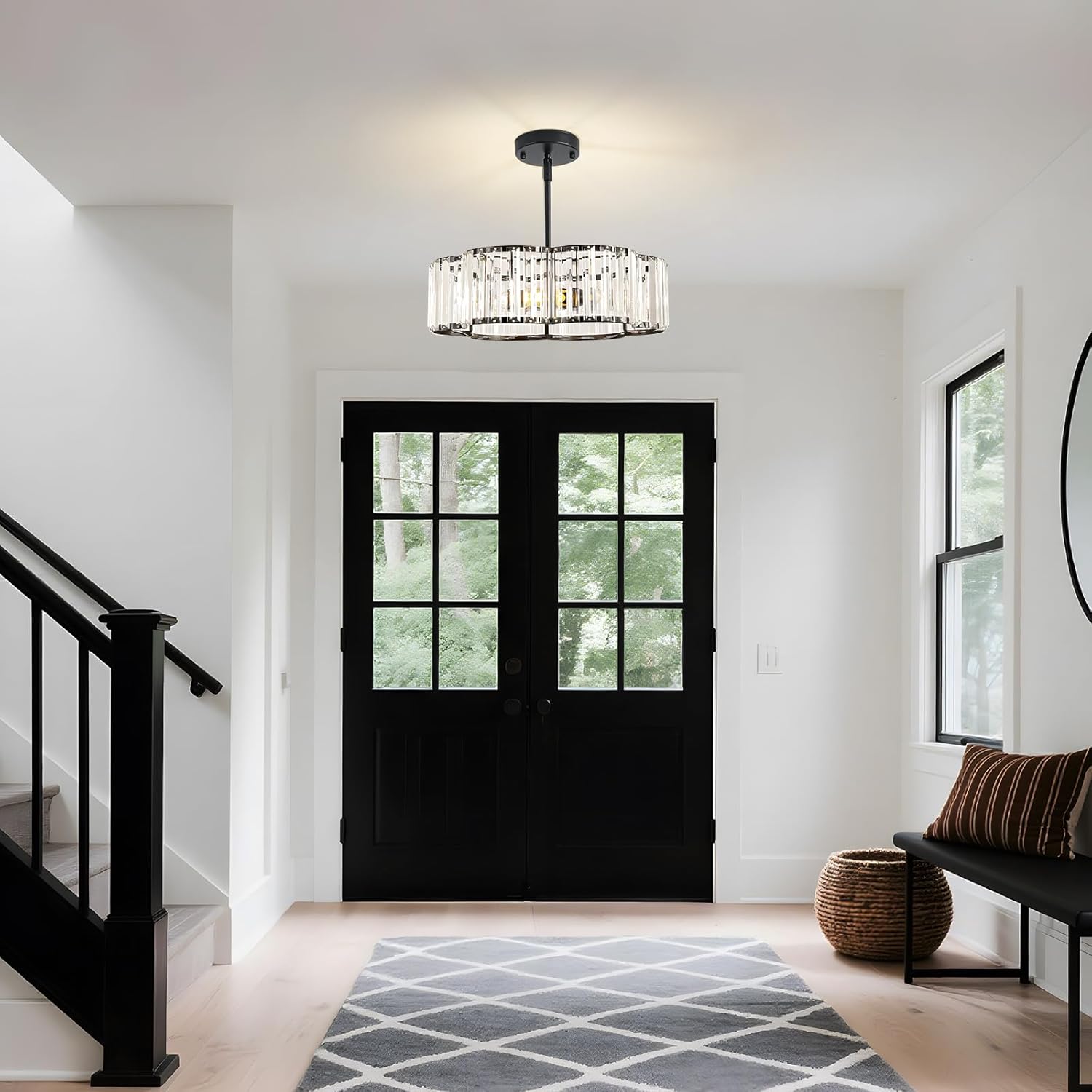 Modern Black Crystal Drum Chandelier 3-Light E12 Adjustable Pendant Ceiling Light for Dining Room Bedroom Entryway