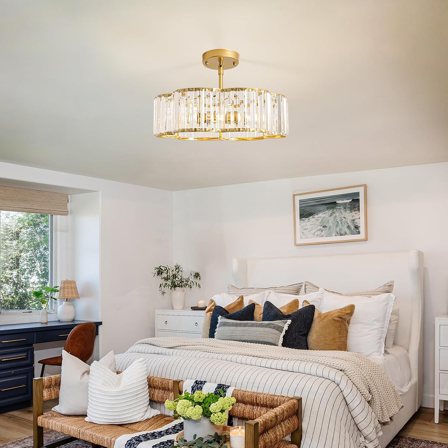 Modern Gold Crystal Drum Chandelier 3-Light E12 Adjustable Pendant Ceiling Light for Bedroom Dining Room