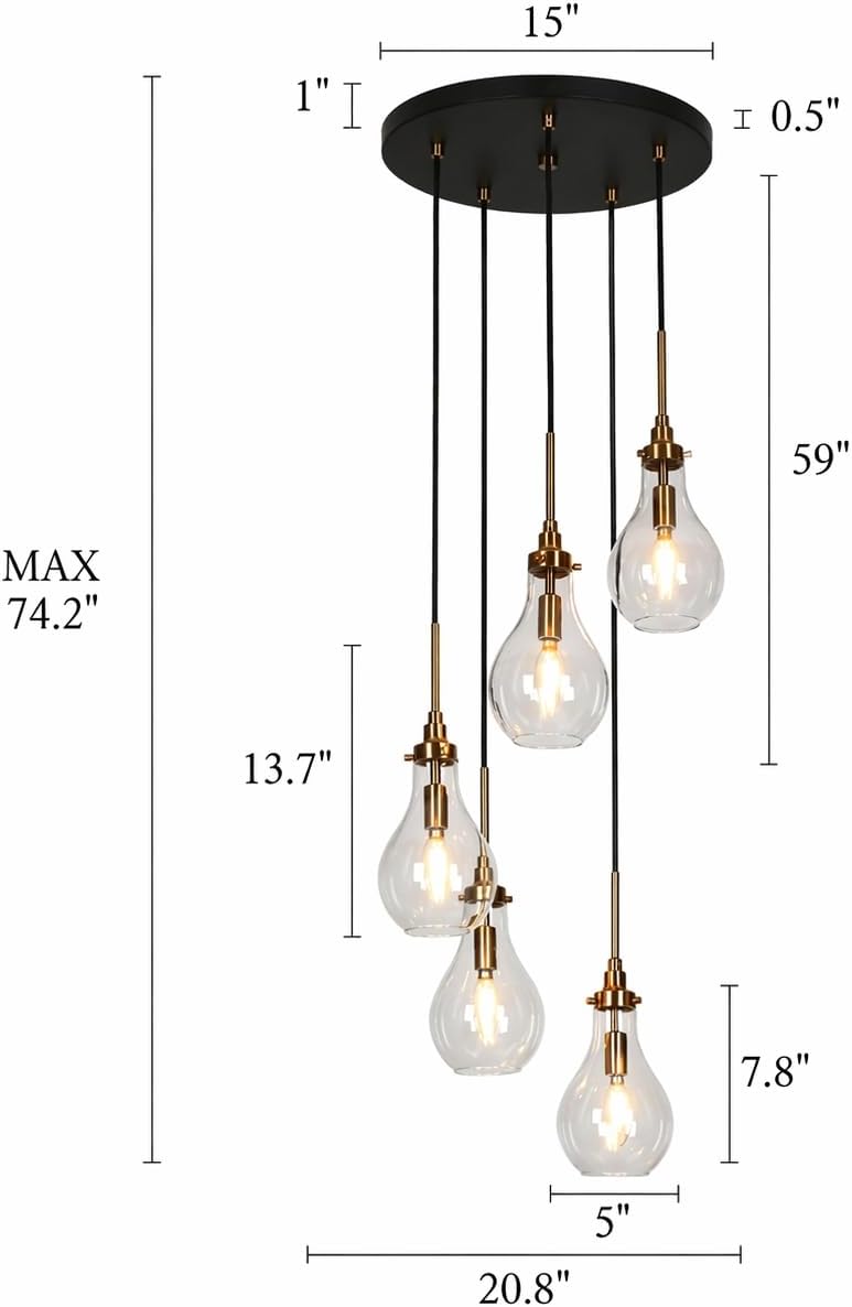 Modern 5-Light Black and Gold Pendant Chandelier with Clear Glass Shades, Adjustable E26 Ceiling Light